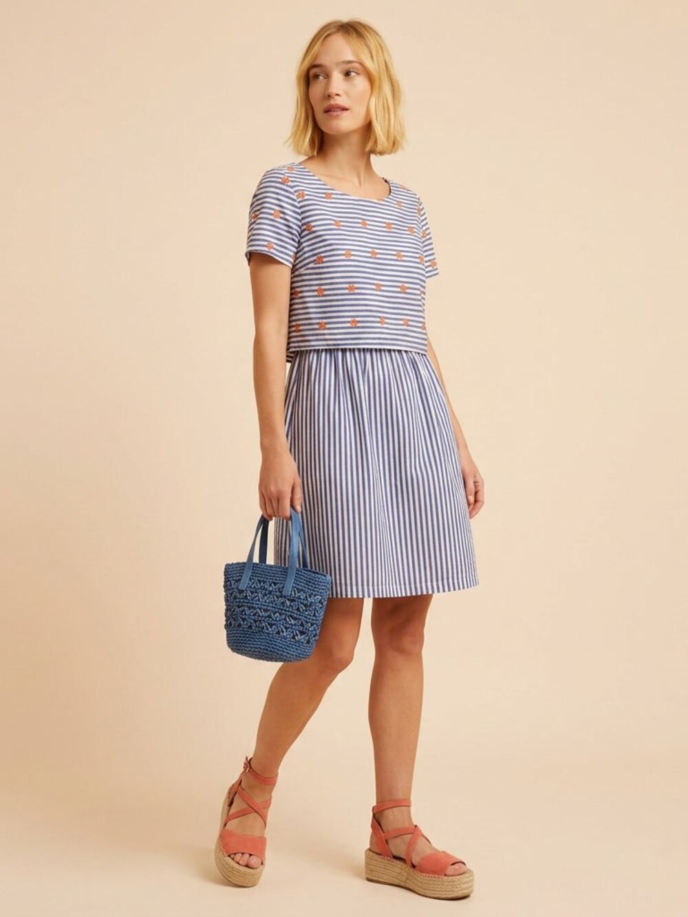I. Code Cotton Blue Striped Summer Dress with Cutout Back Size FR 42/US 10